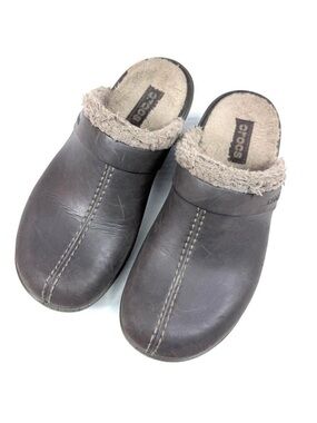 Crocs Cobbler Clog Shoe Women Size 8 Brown Mule Faux Fur Leather Slip On Boho